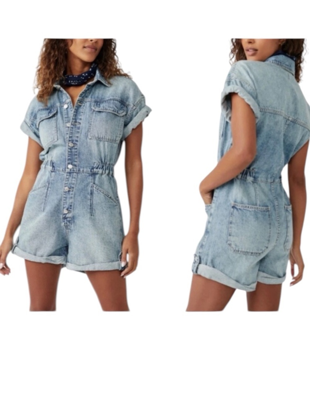 NWT’S Free People Marci Denim Cuffed Medium Wash Romper.